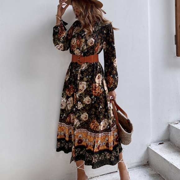 boho floral print button down long sleeve dress - Picture 3 of 7